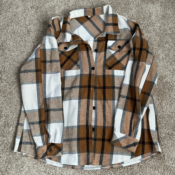 Tops - Womens Long Sleeve Plaid Shirts Flannel Lapel Button Down Shacket Jacket Coats